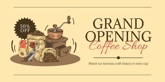 Coffee Shop Opening With Grinder and Coffee Beans At Half Price Twitter tervezősablon