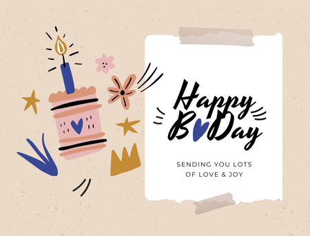 Поздравление с днем рождения с иллюстрированным тортом со свечой Postcard 4.2x5.5in – шаблон для дизайна