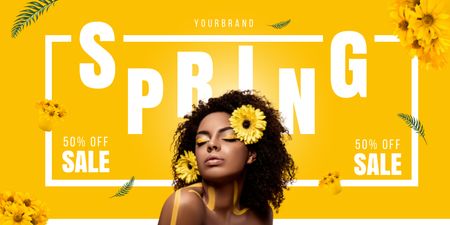 Designvorlage Ankündigung des Frühlingsverkaufs mit afroamerikanischer Frau auf Gelb für Twitter