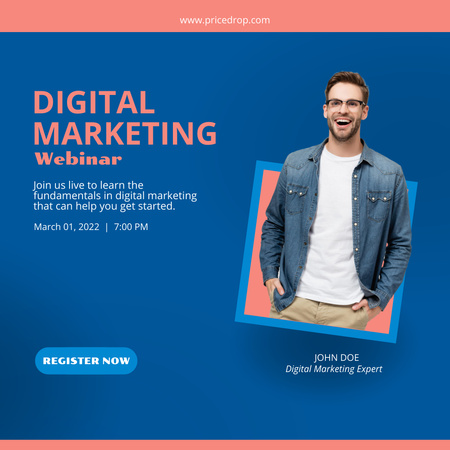 Webinar on Digital Marketing with Young Businessperson Instagram Design Template