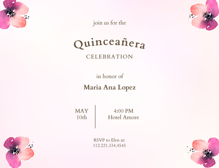 Quinceañera Celebration Announcement With Watercolor Flowers Invitation 13.9x10.7cm Horizontal Design Template