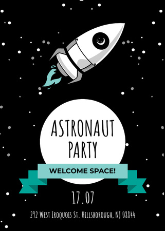 Template di design Emozionante annuncio di festa per astronauti con razzo nello spazio Flayer