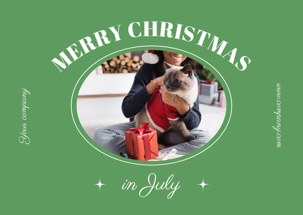 Exhilarating Christmas in July Greeting with Cat In Sweater Card Design Template
