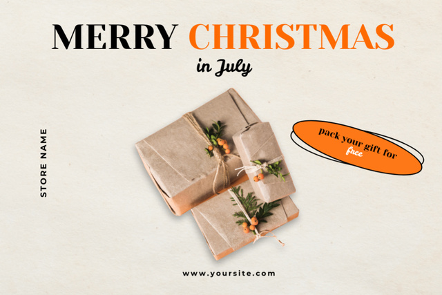 Gifts Wrapping Ad For Christmas In July Postcard 4x6in Tasarım Şablonu