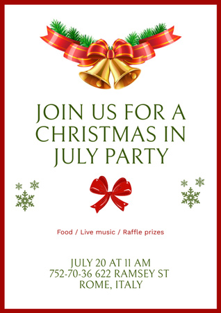 July Christmas Party Announcement with Ribbon and Bells Flyer A4 Tasarım Şablonu