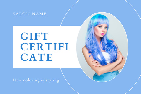 Beautiful Young Woman with Bright Blue Hair Gift Certificate Design Template