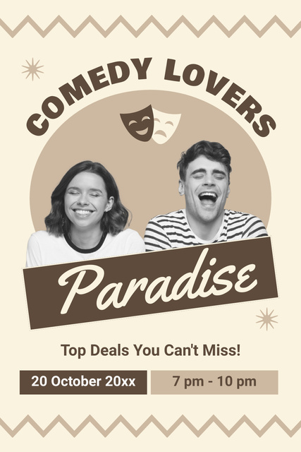 Announcement of Comedy Show with Laughing Young Man and Woman Pinterest Modelo de Design