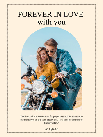 Designvorlage Romantisches Zitat mit einem verliebten Paar auf einem Motorrad in Gelb für Poster US