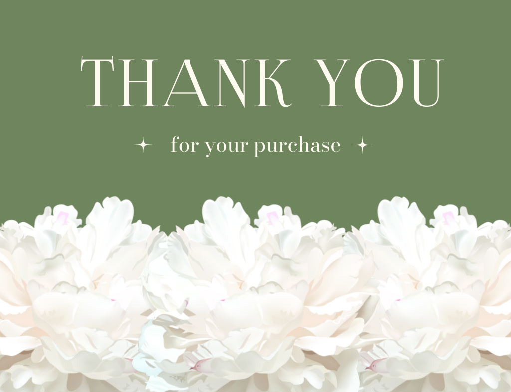 Thank You for Your Purchase Message with White Peonies on Green Thank You Card 5.5x4in Horizontal tervezősablon