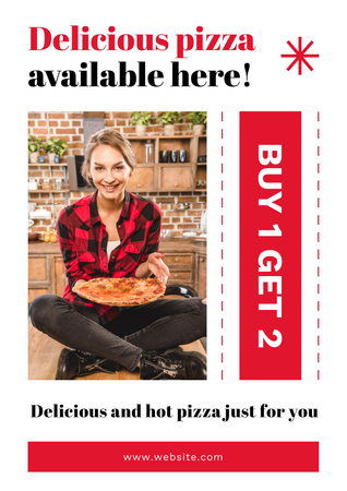 Fiatal vonzó nő finom pizzát kínál Poster tervezősablon