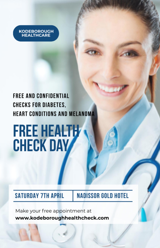 Free Health Check Offer with Professional Friendly Doctor Flyer 5.5x8.5inデザインテンプレート
