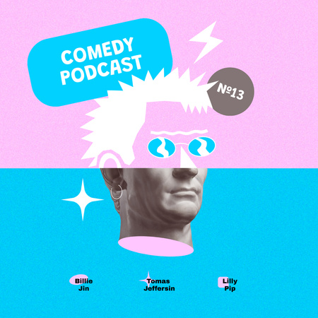 Comedy Podcast Announcement with Funny Statue Instagramデザインテンプレート