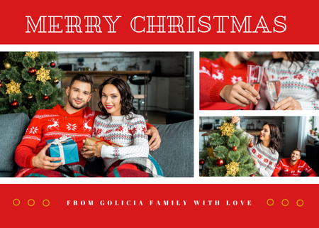 Designvorlage Merry Christmas Greeting Couple by Fir Tree für Postcard 5x7in