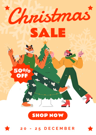 Christmas Sale Offer with Cartoon Characters Poster Design Template