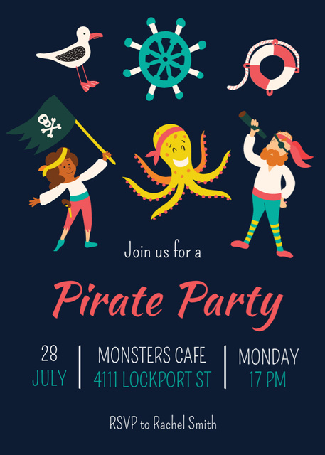 Plantilla de diseño de Pirate Party Announcement with Funny Characters Invitation 