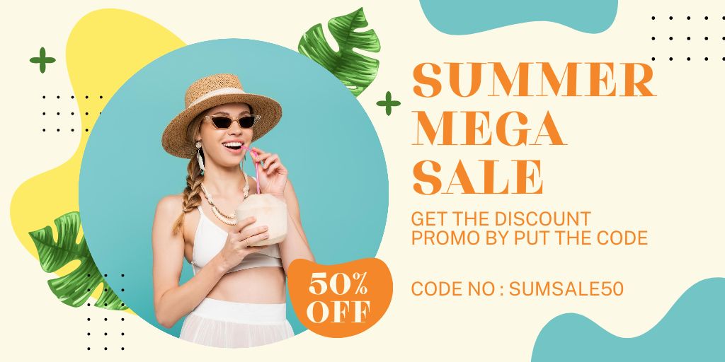 Summer Sale with Woman in Swimsuit drinking Cocktail Twitter Modelo de Design