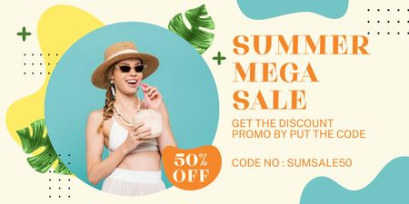 Summer Sale with Woman in Swimsuit drinking Cocktail Twitter Design Template