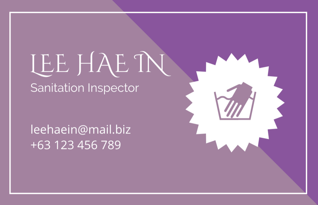 Modèle de visuel Sanitation Inspector Offer on Lilac - Business Card 85x55mm