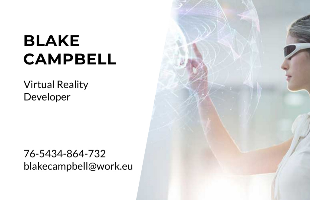 Virtual Reality Developer Offer with Woman in Vr Glasses Business Card 85x55mm Design Template