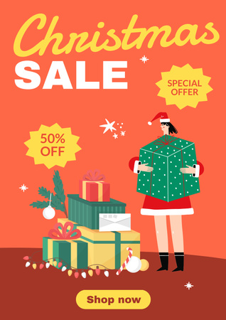 Christmas Gifts Sale Cartoon Orange Posterデザインテンプレート