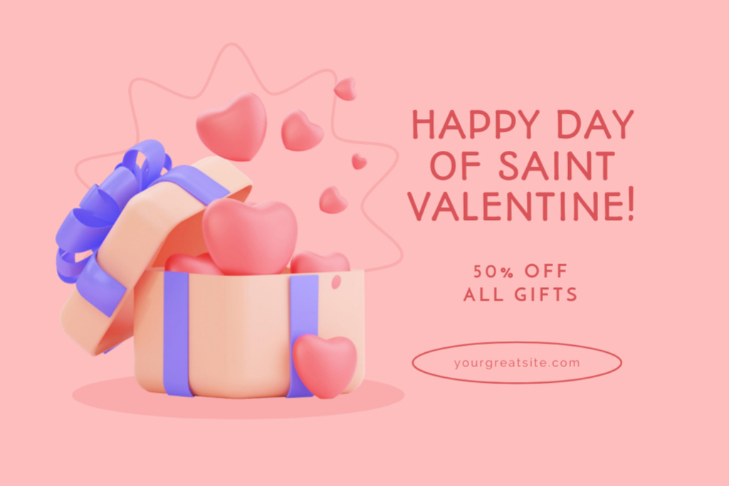 Plantilla de diseño de Valentine's Day Sale Announcement with Hearts in Gift Box Postcard 4x6in 
