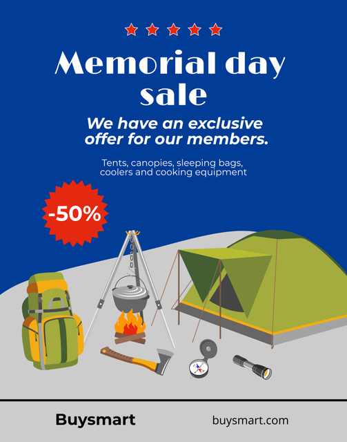 Memorial Day Sale Announcement with Tent and Backpack Poster 22x28in Design Template