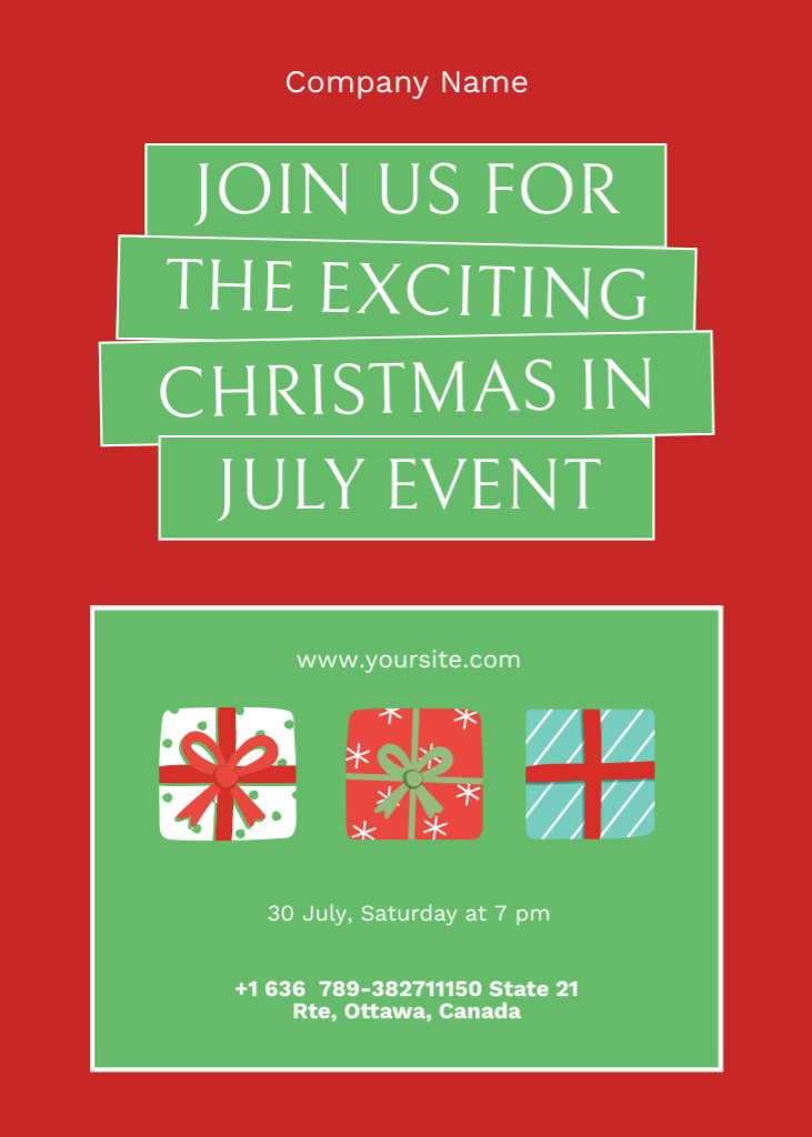 July Christmas Celebration Announcement With Presents on Red Postcard 5x7in Vertical tervezősablon