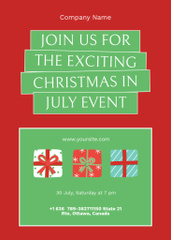 July Christmas Celebration Announcement With Presents on Red