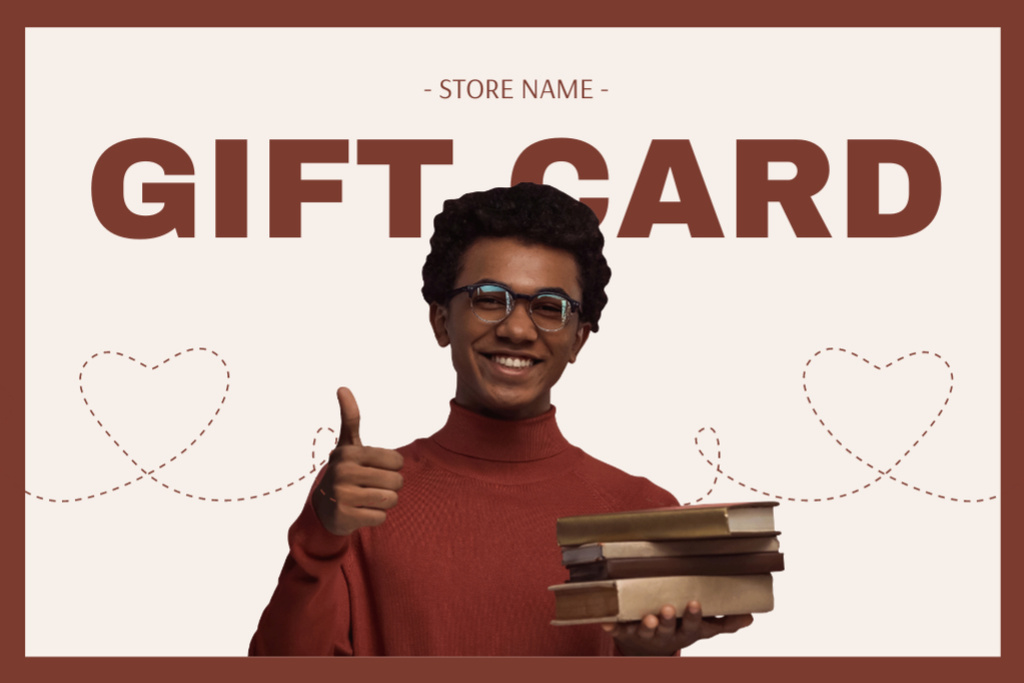 Ontwerpsjabloon van Gift Certificate van Offer from Bookstore with Reader holding Books