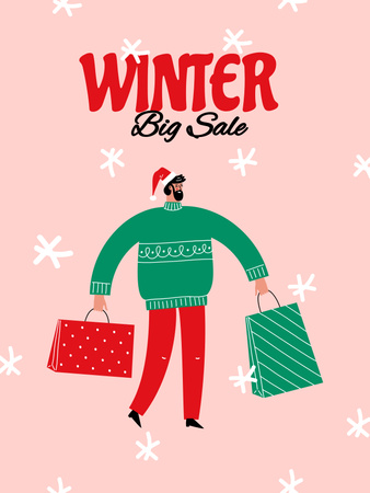 Plantilla de diseño de Big Winter Sale Offer with Man with Bags Poster US 