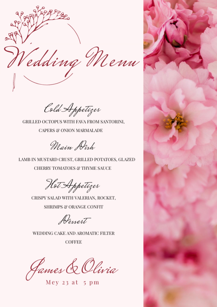 Designvorlage Wedding Course List with Pink Begonia für Menu