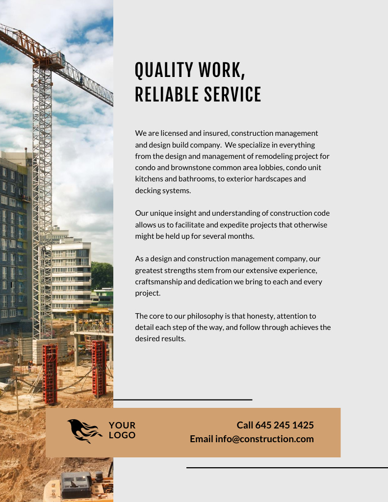 Plantilla de diseño de Quality Construction Services Letterhead 8.5x11in 
