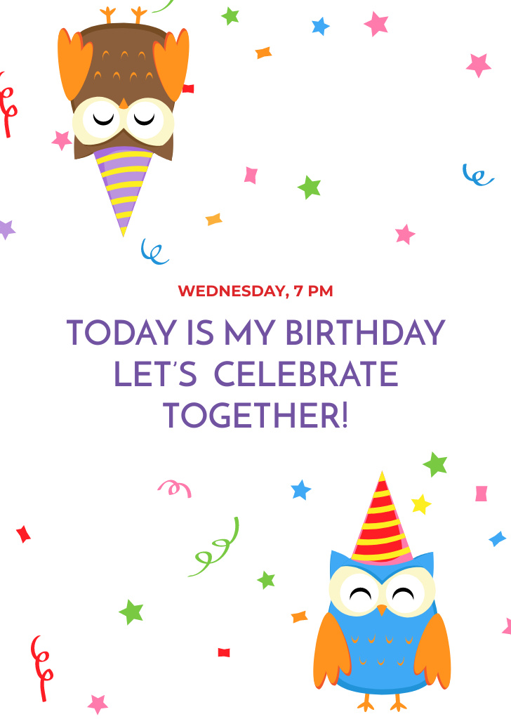 Plantilla de diseño de Birthday Celebration Party With Cartoon Owls Postcard A6 Vertical 