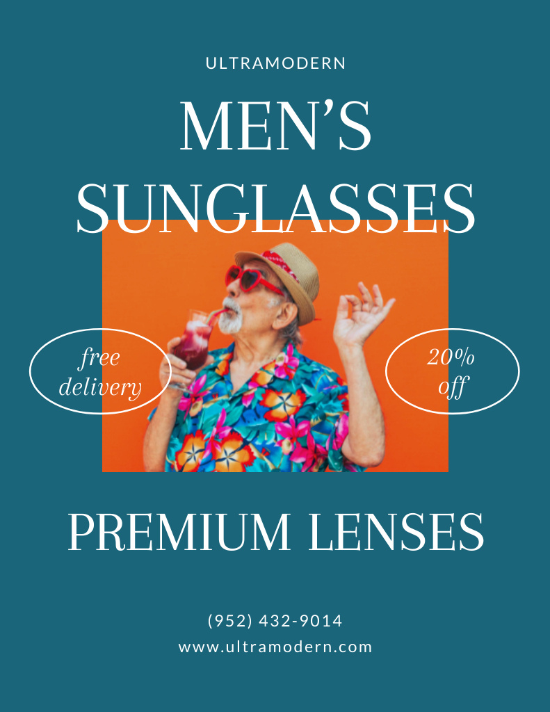 Plantilla de diseño de Men's Sunglasses Sale Offer with Funny Man Poster 8.5x11in 