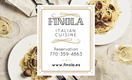 Designvorlage Italienisches Restaurantangebot mit Pastagericht mit Meeresfrüchten für Business Card 91x55mm