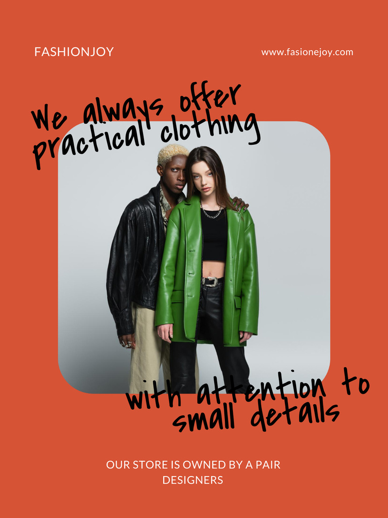 Fashion Offer with Multiracial Couple in Leather Clothes Poster USデザインテンプレート