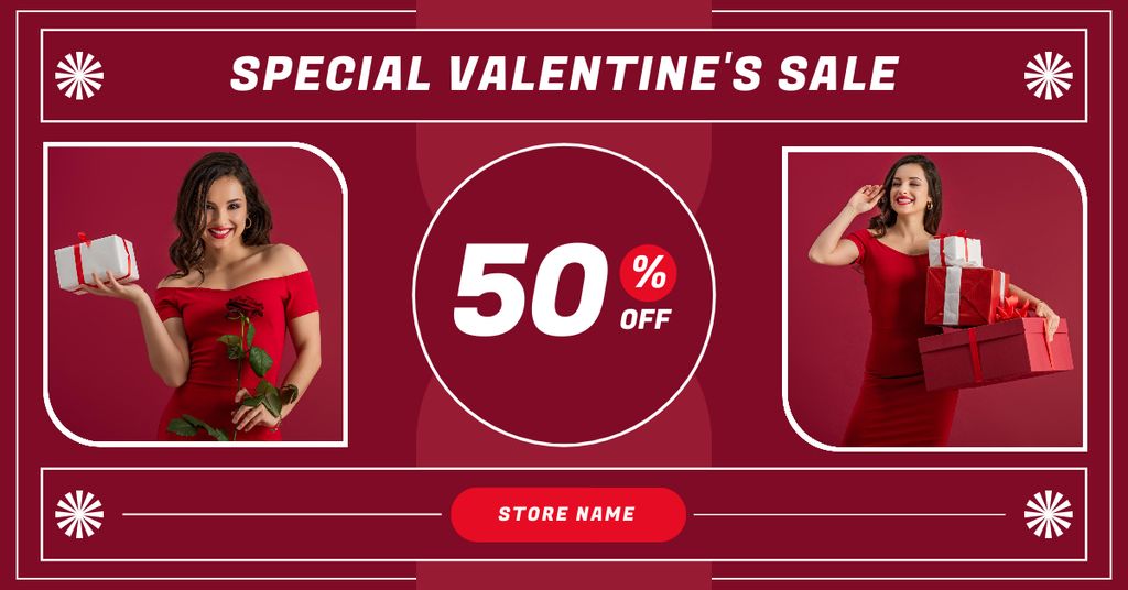 Special Valentine's Day Sale with Woman in Red Facebook AD Design Template