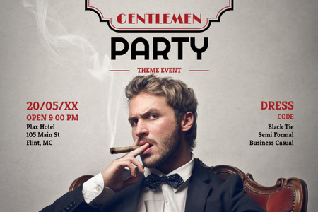 Gentlemen Party -kutsu komealla miehellä puvussa ja sikarilla Flyer 4x6in Horizontal Design Template