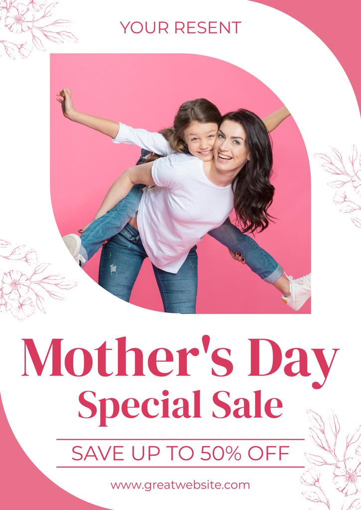 Ontwerpsjabloon van Poster van Mother's Day Special Sale Announcement with Cute Mom and Daughter