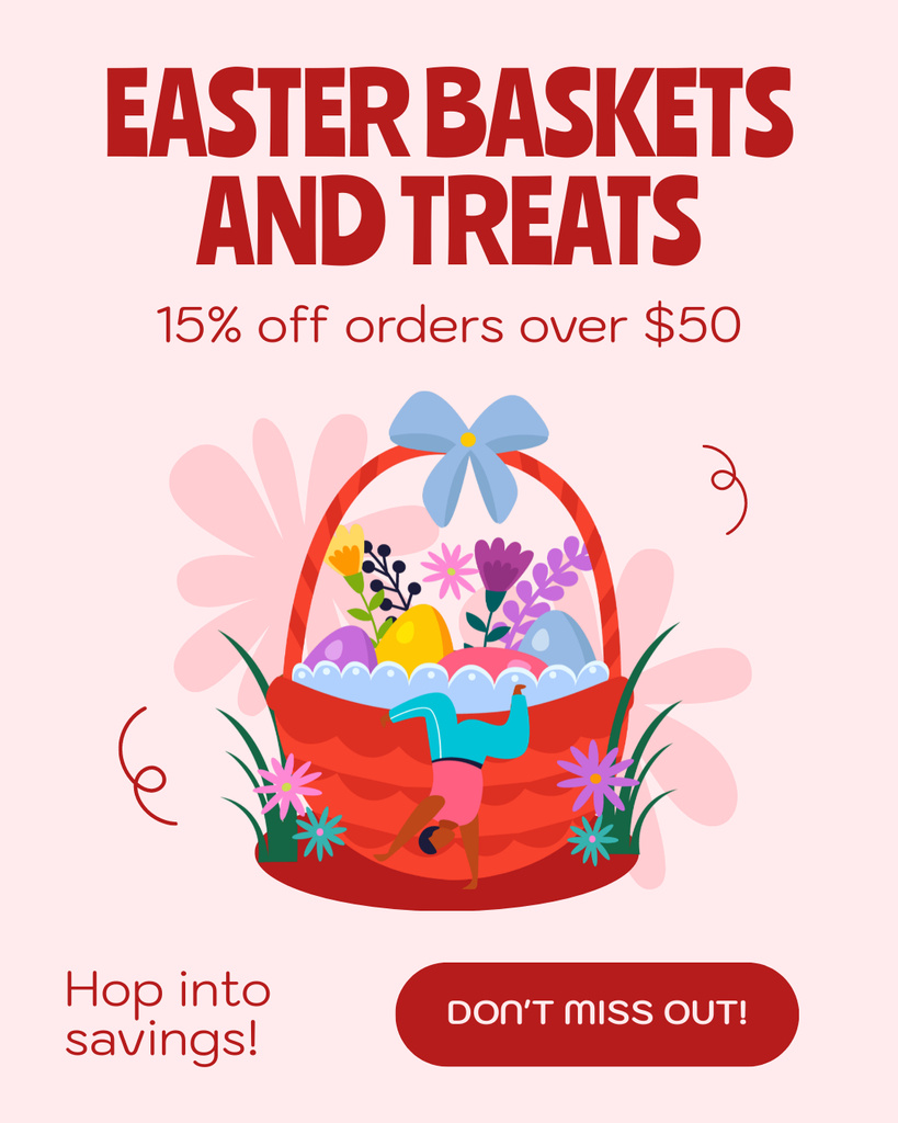 Ontwerpsjabloon van Instagram Post Vertical van Easter Offer of Baskets and Treats with Bright Colorful Eggs