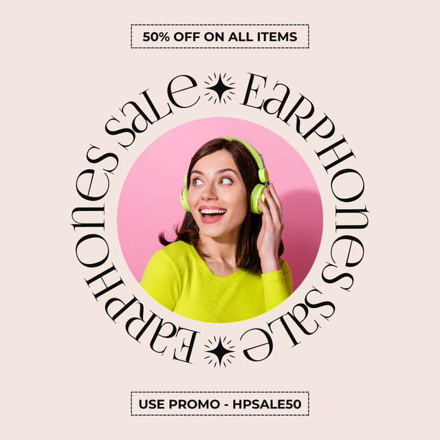 Designvorlage Promo of Earphones Sale with Smiling Woman für Instagram AD