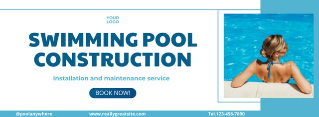 Designvorlage Pool Building Service Offer with Young Blonde Woman für Facebook cover
