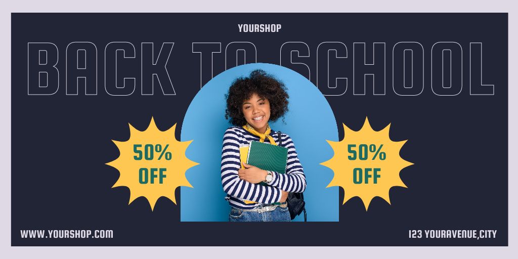 Discount on School Items with African American Girl Student Twitter Modelo de Design