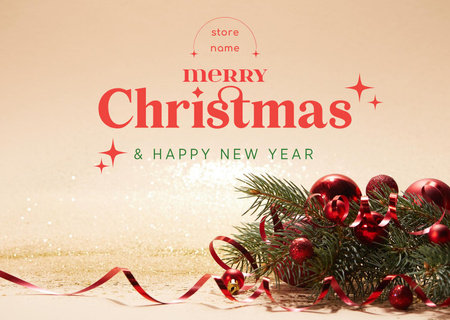 Christmas and New Year Greeting with Decorated Twig Postcard Design Template