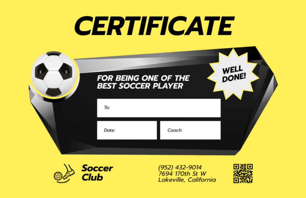 Plantilla de diseño de Best Soccer Player Award Certificate 5.5x8.5in 