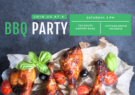 BBQ Party Invitation with Grilled Chicken Flyer A5 Horizontal Design Template