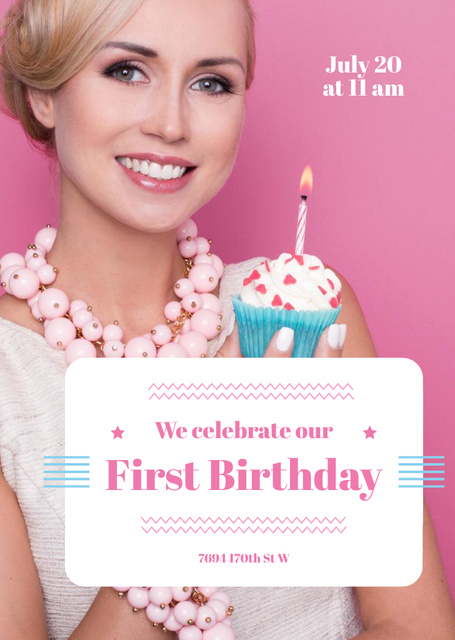 First Birthday With Cupcake In Pink Postcard A6 Vertical Design Template
