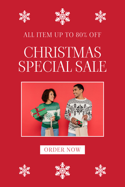 Christmas Sale Offer Happy Couple Opening Presents Pinterest Design Template