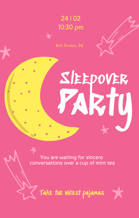 Sleepover Party Illustrated with Moon and Stars on Pink Invitation 4.6x7.2in tervezősablon