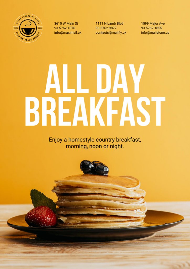 Breakfast Offer with Sweet Pancakes in Orange Poster A3 – шаблон для дизайна